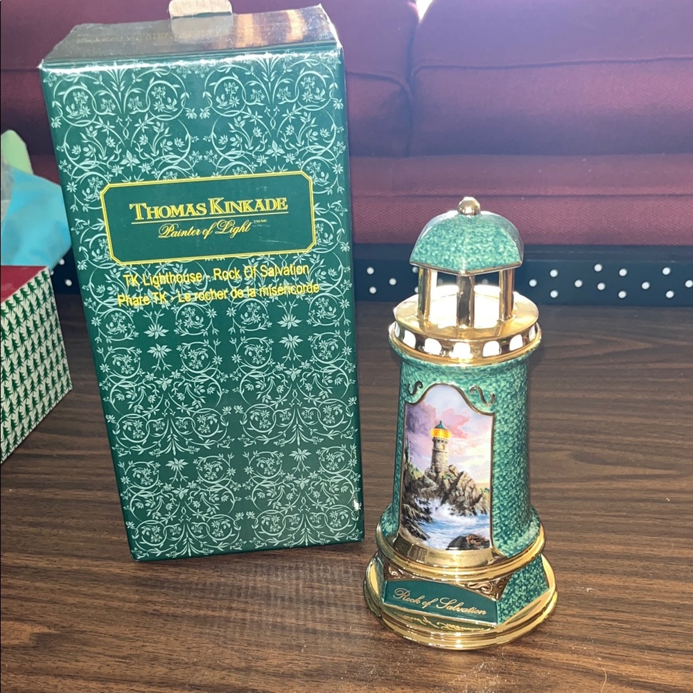 Thomas Kinkade Green and Gold Lighthouse Keepsake Figurine “Rock of Salvation”